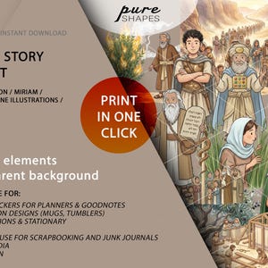 May include: Digital clipart set titled "Moses Story Clipart" featuring illustrations of biblical figures and scenes. Includes 60 PNG elements with transparent backgrounds. Suitable for digital stickers, sublimation designs, DIY invitations, and social media.