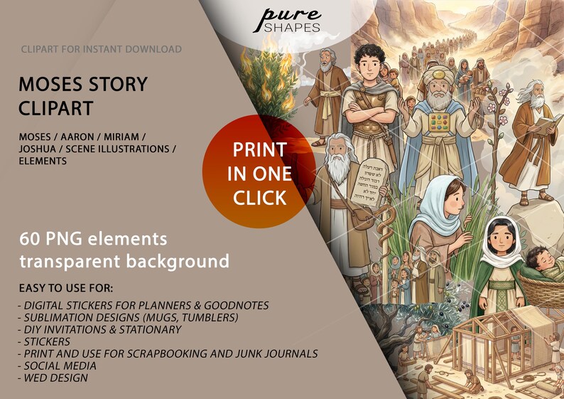 May include: Digital clipart set titled "Moses Story Clipart" featuring illustrations of biblical figures and scenes. Includes 60 PNG elements with transparent backgrounds. Suitable for digital stickers, sublimation designs, DIY invitations, and social media.