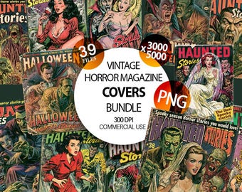 Vintage Halloween Horror magazine comic book covers PNG high resolution 300 PDI retro creepy comic magazine graphics pulp fiction commercial