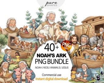Paquete de imágenes prediseñadas del Arca de Noé, gráficos cristianos de la Biblia PNG, descarga digital, ilustraciones de animales de Noé, imágenes prediseñadas de la escuela dominical, Jesús para niños