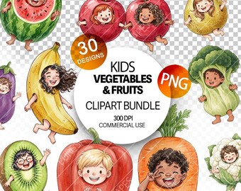 Kids in Vegetables and Fruits Costumes Clipart watercolor kids food PNG illustrations Digital download cute kawaii veggie Commercial use