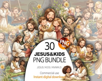 Jesús con niños y animales PNG Clipart, Ilustración cristiana para niños, Gráficos para la escuela dominical, Descarga digital de Jesús Salvador, Arte bíblico