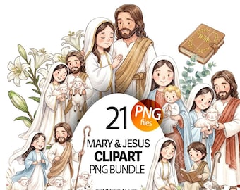 Imágenes prediseñadas de la Virgen María y Jesús, paquete de historias bíblicas en formato PNG, conjunto de imágenes del niño Jesús, el bebé Jesús con su madre, ilustraciones de dibujos animados para niños.