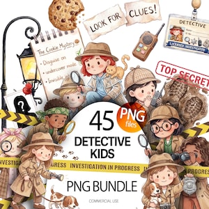 Peut inclure: Illustration numérique d'enfants déguisés en détectives, avec des loupes, des lampes de poche et des talkies-walkies. L'image comprend le texte "Detective Kids PNG Bundle" et "Look for Clues!". Le thème général est celui d'un détective pour enfants.