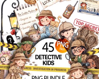 Paquete de imágenes prediseñadas PNG de niños detectives, investigador, agente secreto, solucionador de misterios, ilustraciones transparentes en acuarela, pequeño espía junior