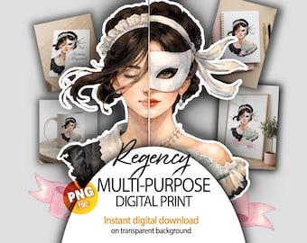 Imágenes prediseñadas de la época de la Regencia, retrato de mujer en acuarela, fondo transparente PNG, descarga digital para imprimir, diseño de sublimación, impresión digital