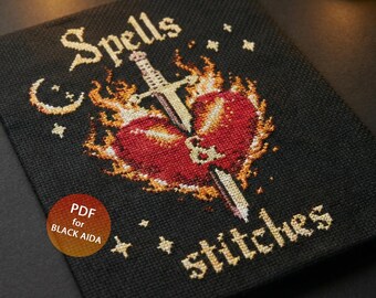 Witchy Cross Stitch Pattern PDF, Black Aida, DMC, sacred Burning Heart with Sword, Gothic Embroidery, Spells, Occult Modern stitch, digital