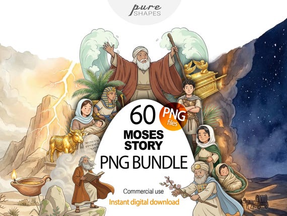 Moses story clipart png scenes, Old Testament Bible stories for kids, Sunday school illustrations, biblical characters for children, digital