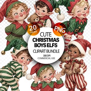 Puede incluir: Un paquete de imágenes prediseñadas digitales con cinco ilustraciones de elfos navideños con trajes rojos y verdes, algunos sosteniendo osos de peluche o regalos. El texto central dice: 20 FILES, PNG, CUTE CHRISTMAS BOYS ELFS, CLIPART BUNDLE, 300 DPI, COMMERCIAL USE.