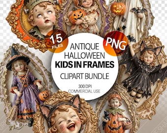 Vintage Halloween Antique Doll Clipart PNG Victorian Kids in halloween costumes gothic porcelain witch retro spooky doll graphics mummy boy