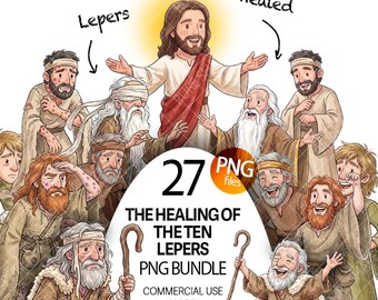 La curación de los diez leprosos: conjunto de imágenes prediseñadas PNG para niños. Jesús cura a 10 leprosos. Historia bíblica. Milagro. Gráficos para la escuela dominical.