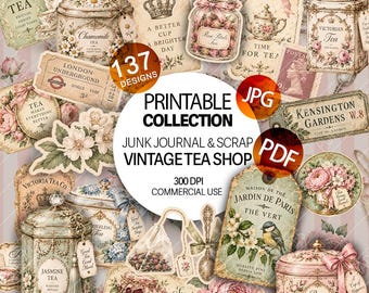 Vintage Tea Shop Junk Journal kit papers Printable Victorian Tea time Scrapbooks pack bundle regency prints Digital download