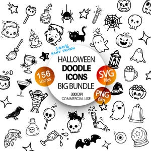 May include: A collection of black and white Halloween-themed hand-drawn doodle icons featuring pumpkins, ghosts, skulls, cats, spiders, and potions. The central text reads 100% HAND DRAWN HALLOWEEN DOODLE ICONS BIG BUNDLE 156 ICONS SVG files PNG files 300 DPI COMMERCIAL USE.