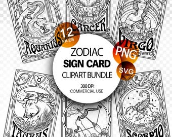 Zodiac signs Tarot cards clipart Bundle SVG PNG zodiac black outlines aesthetic astrology line art celestial vector horoscope commercial use