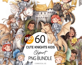 Cute knight kids and dragons Medieval watercolor kingdom clipart PNG bundle set cartoonish children knights princess Robin Hood castles
