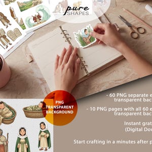 May include: Digital download of PNG images featuring biblical illustrations. The images include figures in robes, scenes with water, and text that says "pure shapes" and "PNG transparent background". The images are on a desk with a notebook and a cactus.
