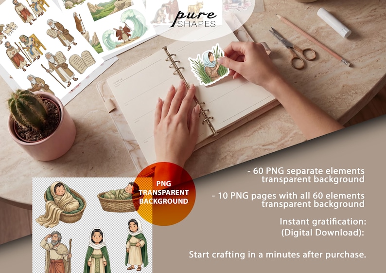 May include: Digital download of PNG images featuring biblical illustrations. The images include figures in robes, scenes with water, and text that says "pure shapes" and "PNG transparent background". The images are on a desk with a notebook and a cactus.