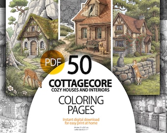 Casas acogedoras con núcleo de cabaña: 50 páginas para colorear, libro para colorear de jardín, interiores de casas, animales, cabaña de jardín (PDF para imprimir y descargar digitalmente)