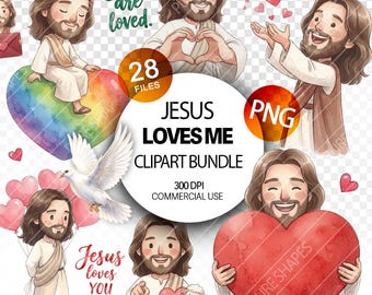 Jesus Loves Me Clipart Cute cartoonish Jesus watercolor pastel illustrations kawaii Jesus graphics PNG Christian clipart for kids