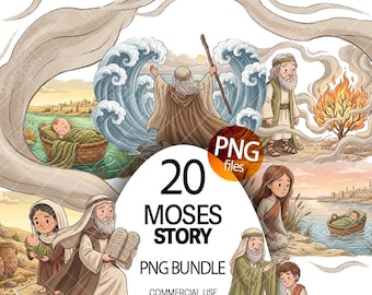 Conjunto de imágenes prediseñadas PNG de Moisés, imágenes de la historia de Moisés, ilustraciones de escenas de Moisés, imágenes prediseñadas de estudio bíblico para niños sobre Moisés, archivo cristiano del Antiguo Testamento