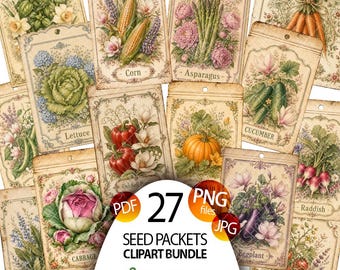 Paquetes de semillas de hortalizas vintage, efímeros, descarga digital imprimible, hoja de collage de diario de basura vintage antiguo, paquete de semillas de jardín tamaño carta