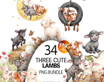 Tres lindos corderitos Clipart PNG Paquete animales de granja Oveja cordero blanco y negro cordero rojo corral baby shower guardería granja acuarela imagen