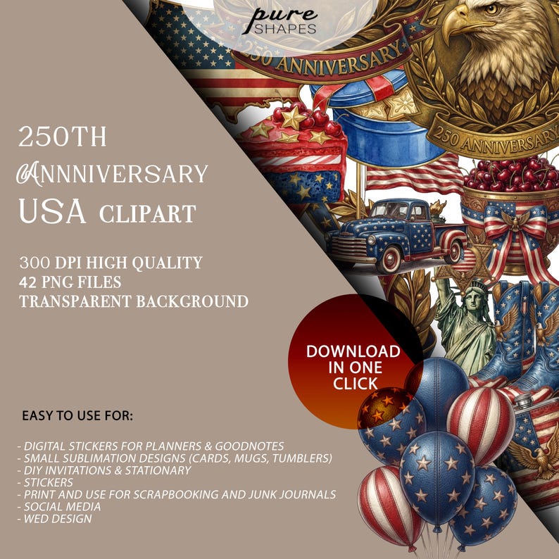 America 250th Anniversary Clipart Bundle, Retro Patriotic USA 4th of ...
