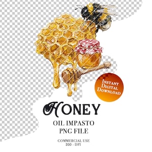 Op de afbeelding: Een olieverf impasto illustratie met een gouden honingraat met druipende honing, een hommel, een glazen pot met een rood-wit geblokt deksel en een houten honingdipper. De tekst luidt HONEY, OIL IMPASTO, PNG FILE, COMMERCIAL USE, 300 - DPI.