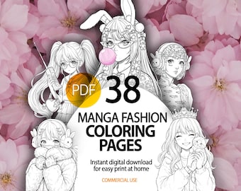 Páginas para colorear de chicas anime manga, lindas kawaii, moda, descarga digital instantánea, libro para colorear, imprimible, PDF, chibi, arte lineal japonés, fantasía.