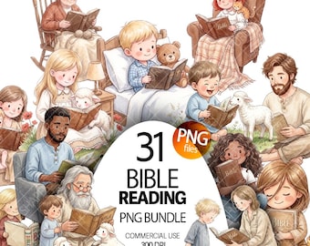 Conjunto de imágenes prediseñadas PNG para leer la Biblia, ilustraciones para niños leyendo la Biblia, historia bíblica, escuela dominical, religión cristiana, acuarela bíblica