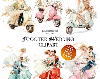 Clip art de paseo en scooter de boda acuarela PNG fondo transparente Scooter recién casados Ilustración del día de la boda novia en moto