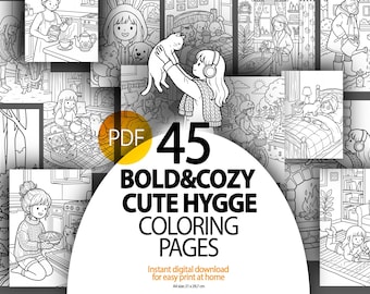 Hygge audaz y acogedor, sencillo y fácil, 45 páginas para colorear, archivo PDF, para niños y adultos, descarga digital instantánea para imprimir, líneas atrevidas cómodas, imprimibles, relajarse