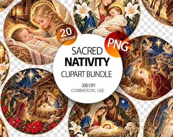 Sacred Nativity Christmas Round circle Images Classic Religious colorful Medieval Clipart PNG Bundle Holy family Digital download commercial