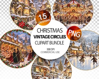 Christmas Round clipart Printable PNG illustration vintage Christmas winter Circle season retro 19th century cute Christmas winter town