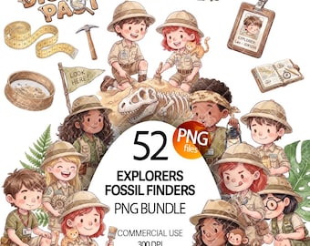 Explorers fossil finders dinosaur archeology clipart bundle set PNG cute kids images illustrations paleontologist kids dig theme nursery