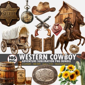 May include: A digital collection of Western-themed graphics including a sheriff badge, pocket watch, cowboy hat, revolvers, barn, horse, wagon, saloon doors, barrel, whiskey bottle, belt buckle, sunflowers, and cactus with the text WESTERN COWBOY.