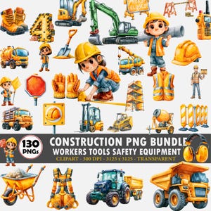 May include: A collection of construction-themed digital illustrations featuring yellow excavators, dump trucks, cement mixers, forklifts, safety helmets, orange vests, work boots, traffic signs, tools, and cartoon characters in safety gear.