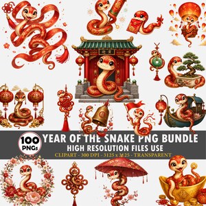 以下が含まれることがあります： 赤と金を基調とした漫画風のヘビが描かれた「Year of the Snake」PNGクリップアート100点セット。ランタン、盆栽、伝統的な建築物、傘、金塊、テキストなどが含まれるデジタル素材集。