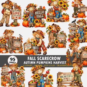 Può includere: Una collezione di illustrazioni digitali raffiguranti spaventapasseri in abiti autunnali, girasoli, zucche e insegne in legno con testi come Autumn Love Lives Here, Hello Fall e Welcome to Our Little Harvest su uno sfondo bianco.