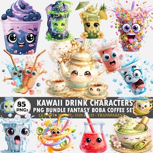 Può includere: Una collezione di illustrazioni digitali che raffigurano vari personaggi di bevande antropomorfe con grandi occhi e volti espressivi, tra cui tè boba, caffè e bevande alla frutta, con il testo KAWAII DRINK CHARACTERS PNG BUNDLE.