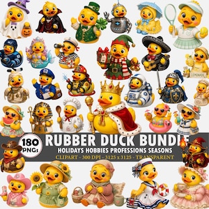 Puede incluir: Una colección digital de 180 ilustraciones de patitos de goma con varios disfraces, incluyendo un rey, astronauta, chef, bombero y temas festivos. La imagen incluye el texto RUBBER DUCK BUNDLE, HOLIDAYS HOBBIES PROFESSIONS SEASONS, 180 PNGs, 300 DPI, 3125 x 3125, y TRANSPARENT.