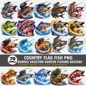 May include: A collection of digital art featuring fish with country flag designs, each with a skeleton fisherman riding on top. The fish are depicted in various colors and patterns, with water splashing around them. The image includes the text "COUNTRY FLAG FISH PNG".