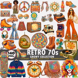 70-tals retro groovy clipart-paket, vintage boho PNG-samling