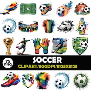 Può includere: Una raccolta di 75 immagini clipart PNG a tema calcio. Le immagini includono palloni da calcio, scarpe da calcio, un campo da calcio, un trofeo, un kit di pronto soccorso, una maglia e un calciatore. Il testo "SOCCER" è visualizzato in grassetto.