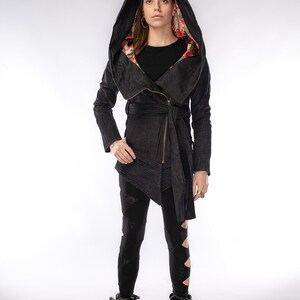 Asymmetric Long Jeans Coat with big hood ALL stretch denim cotton Best-Seller Techno style Streetwear Festival Clothing MUST HAVE image 7