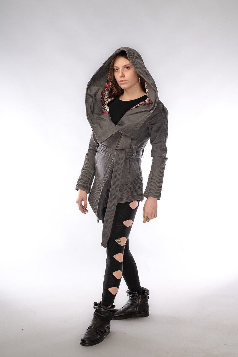 Asymmetric Long Jeans Coat with big hood ALL stretch denim cotton Best-Seller Techno style Streetwear Festival Clothing MUST HAVE image 9
