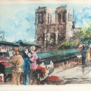 Colored Lithograph of Paris Street Scene & Notre Dame image 2
