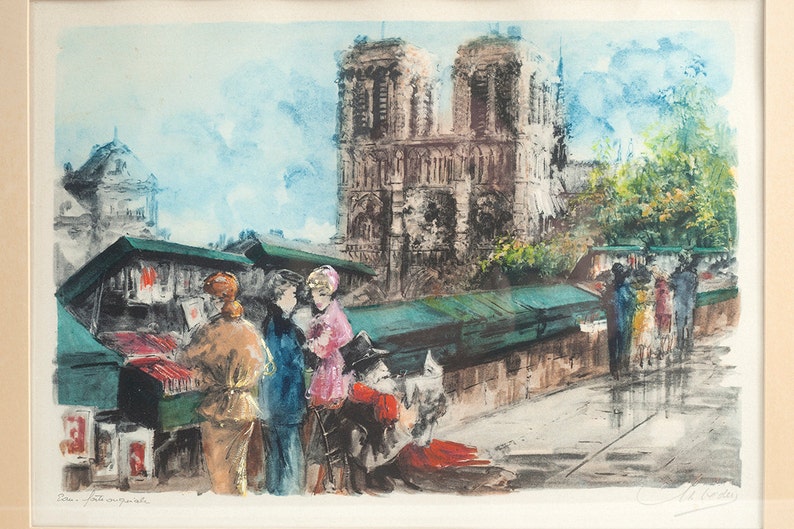 Colored Lithograph of Paris Street Scene & Notre Dame image 2
