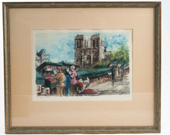 Colored Lithograph of Paris Street Scene & Notre Dame