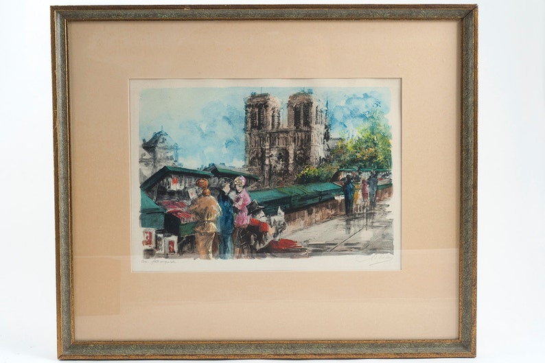 Colored Lithograph of Paris Street Scene & Notre Dame image 1